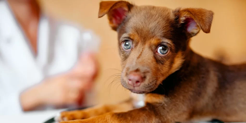 A brown, large-eyed puppy looks toward the camera.