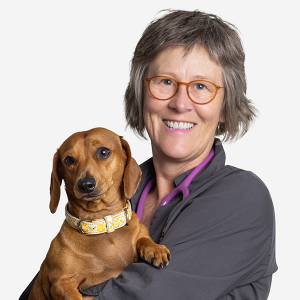 Kathy holding a brown dachshund dog and smiling at the camera